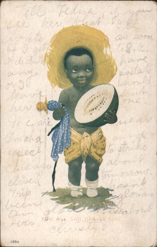 Black Americana Child in Straw Hat with Watermelon and Doll