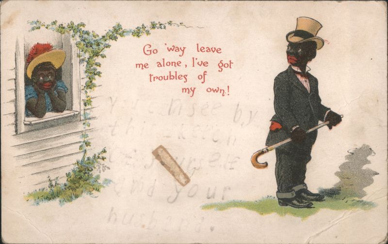 Comic Black Americana: Man with Cane & Woman in Window, 'Troubles of My Own'