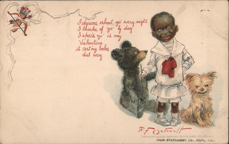 Black Americana Valentine with child, bear, dog, and Cupid