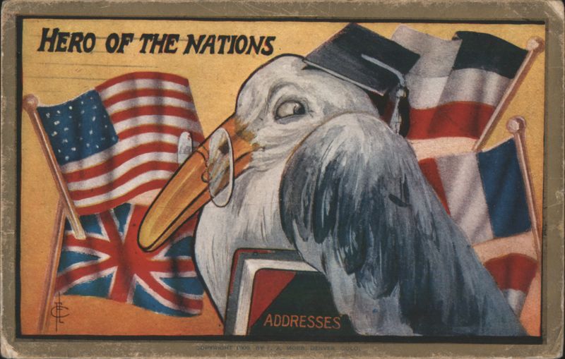 Hero of the Nations Pelican in Graduation Cap with US, UK, and French Flags