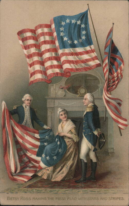 Betsy Ross Making the First Flag with Stars and Stripes, George Washington