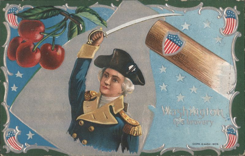 George Washington with Sword, Cherries, and Patriotic Shield, 'His Bravery'