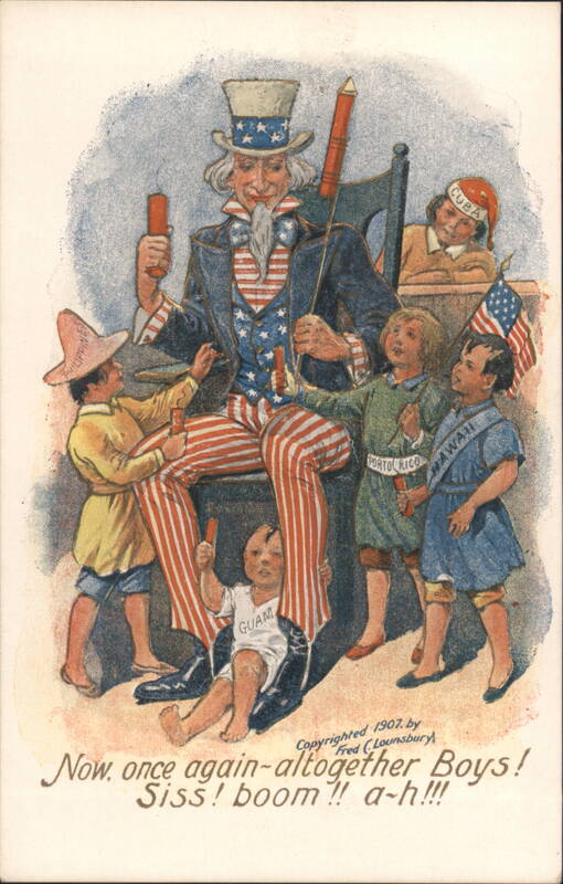 Uncle Sam with Cuba, Porto Rico, Hawaii, Guam Celebrating with Fireworks