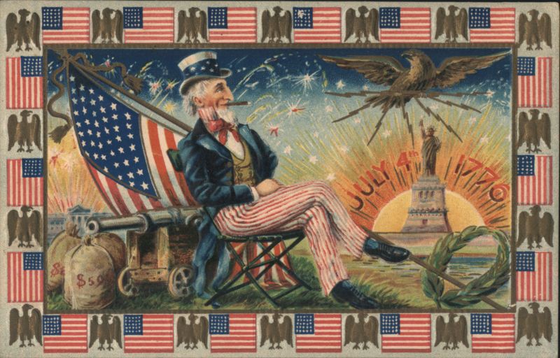 Uncle Sam Smoking Cigar, American Flag, Statue of Liberty, 4th of July Fireworks