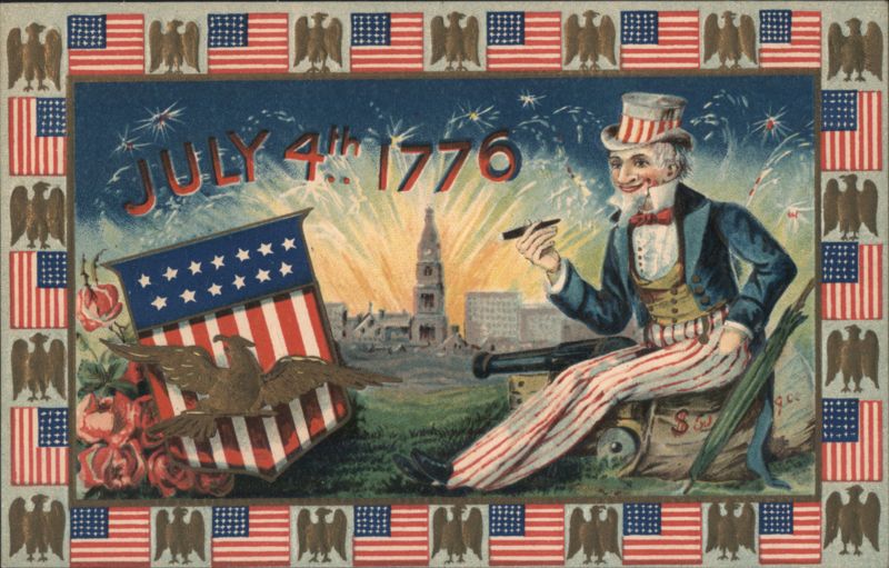July 4th 1776 Celebration with Uncle Sam, Flag, Fireworks, Cannon