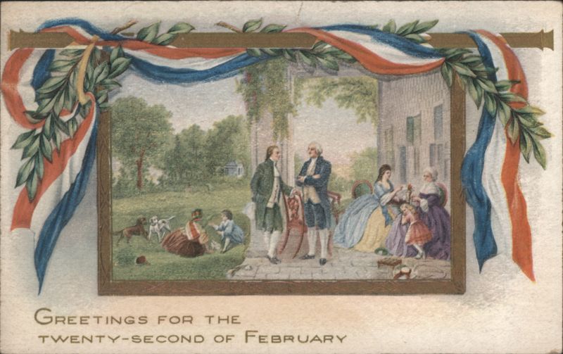 Washington's Birthday Greetings: George Washington & Figures in Garden Scene