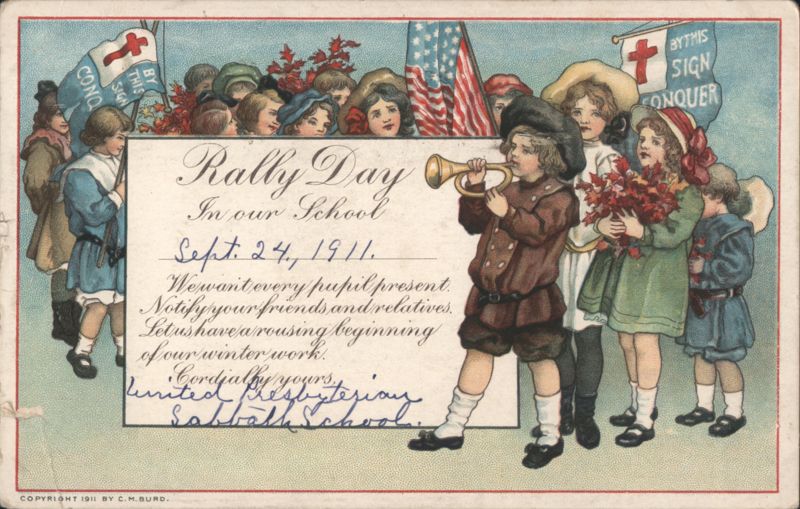 Rally Day in School with Children, Flags, and Trumpet, 1911