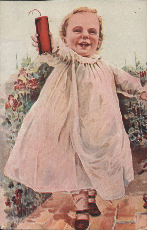 Smiling Child in White Dress Holding Firecracker in Rose Garden
