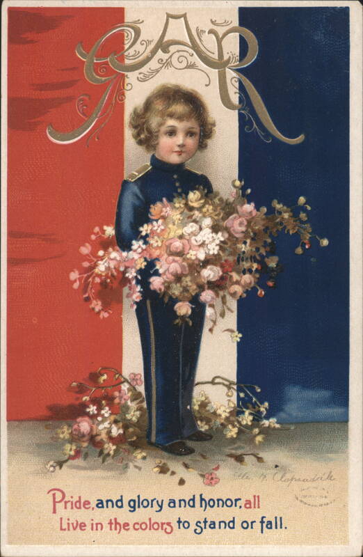 Child in Uniform with Flowers, French Flag, Patriotic Verse