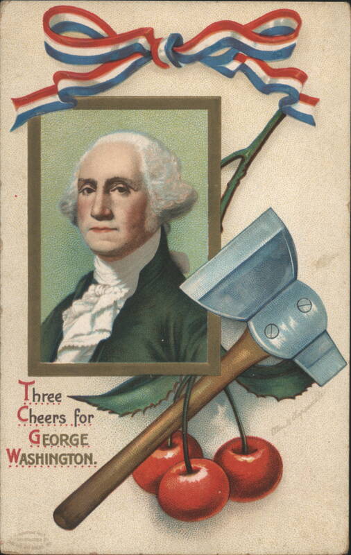 George Washington Portrait with Axe, Cherries, and Patriotic Ribbon