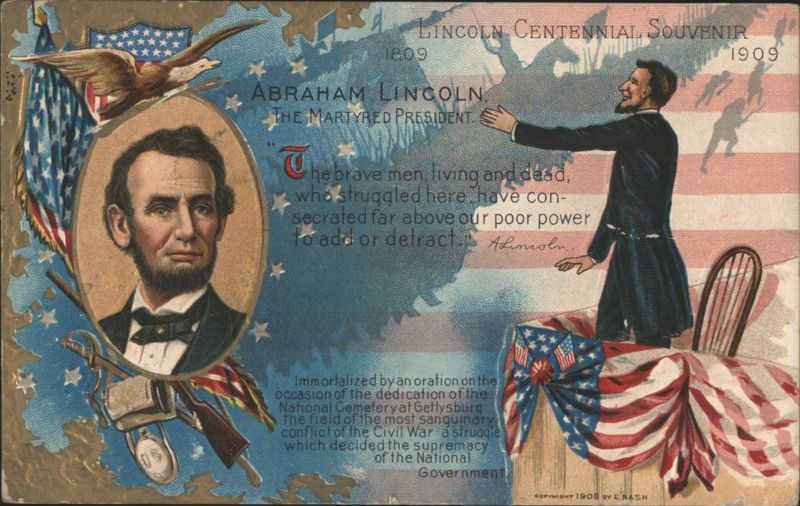 Lincoln Centennial Souvenir with Portrait & Gettysburg Address Quote