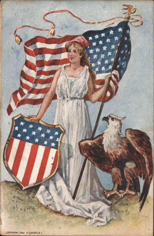 Patriotic Woman with American Flag, Eagle, and Shield