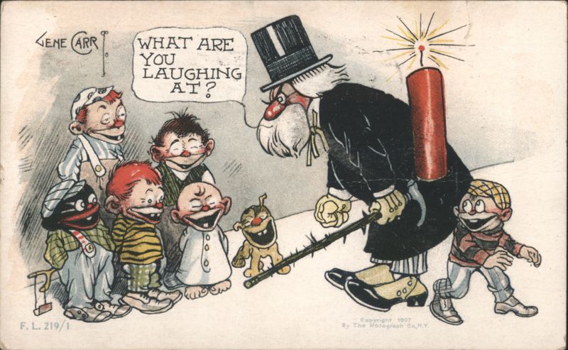 Comic Old Man with Firecracker and Laughing Children, Gene Carr