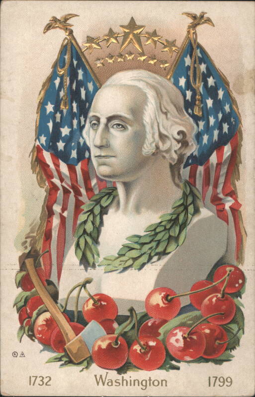 George Washington with Flags, Wreath, Axe, and Cherries