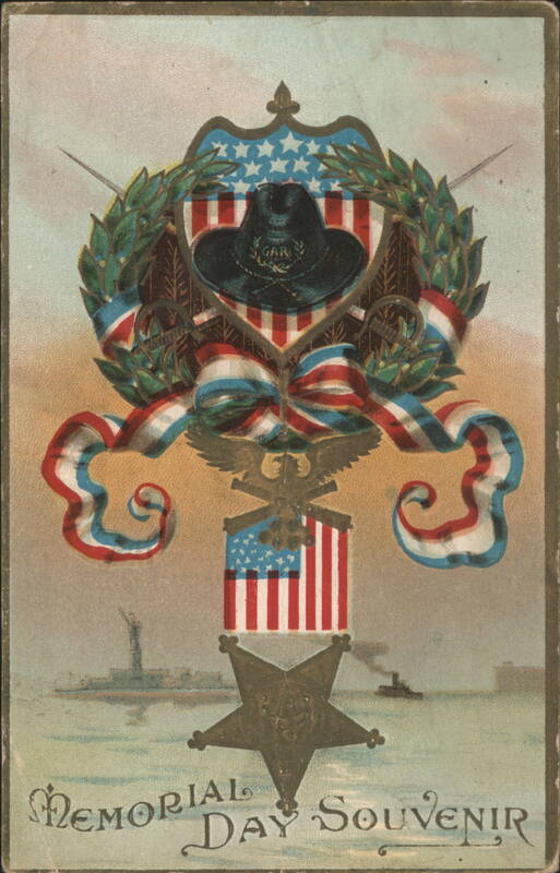 Memorial Day Souvenir with GAR Hat, Patriotic Emblem, and Statue of Liberty