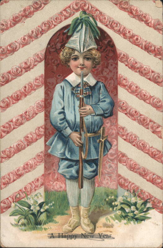Boy in Blue Uniform with Plumed Hat, Rifle, and Sword, New Year's Greeting