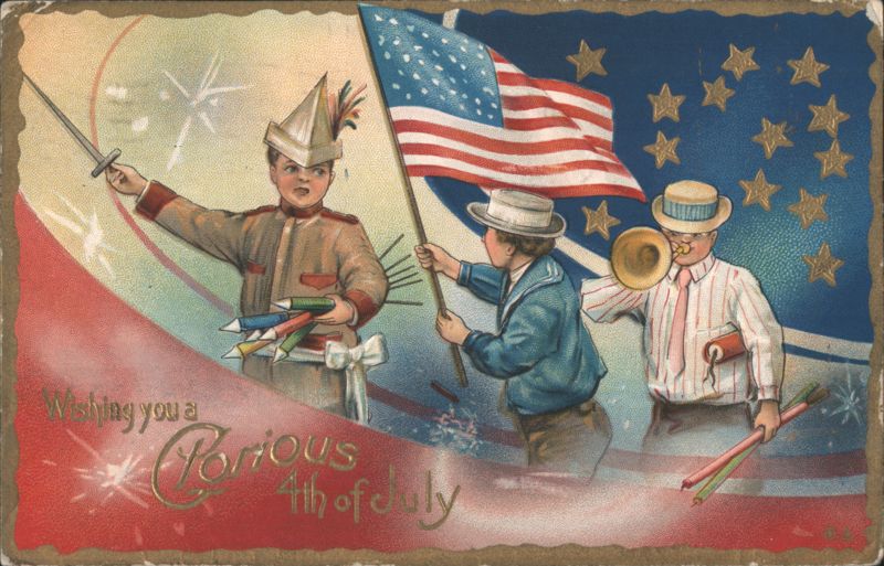 Three Boys Celebrating 4th of July with Flag, Sword, Bugle, Firecrackers