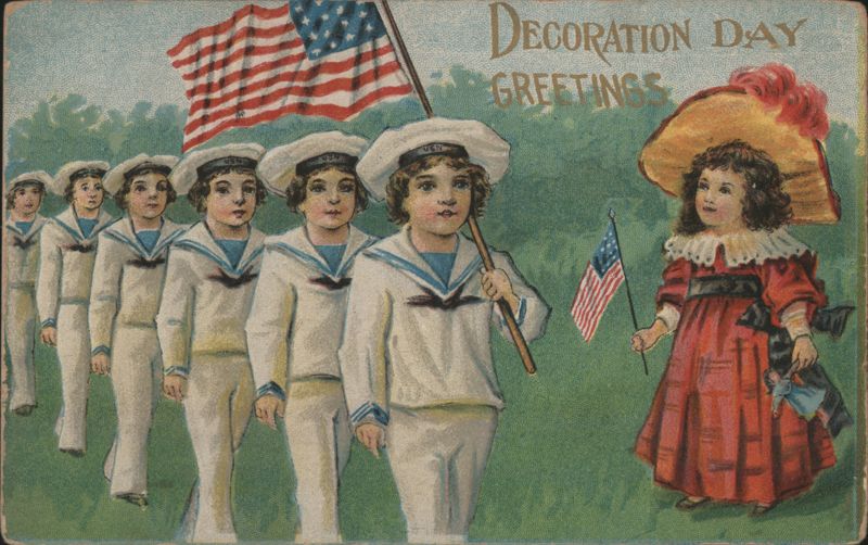 Decoration Day Greetings, Sailor Boys Marching with American Flags