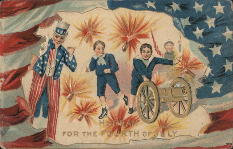 Uncle Sam, Boys, Cannon & Fireworks for Fourth of July