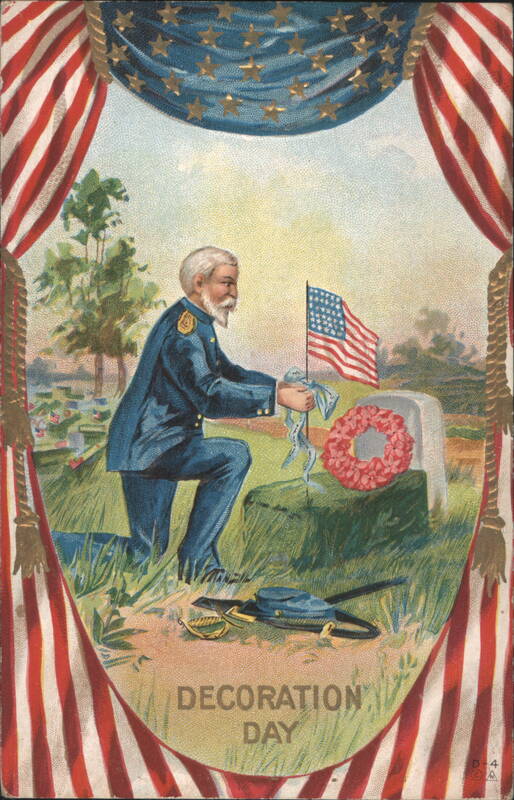 Decoration Day: Union Veteran Kneeling at Grave with Flag and Wreath
