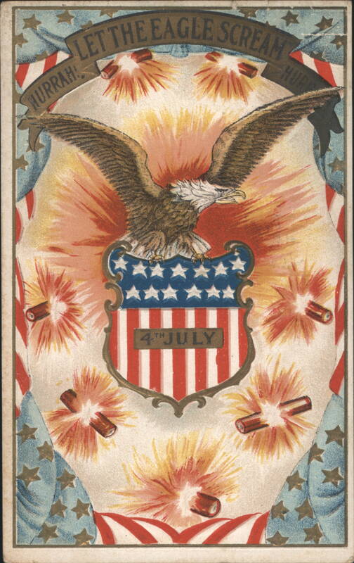 Bald Eagle with 4th of July Shield and Fireworks, 'Let the Eagle Scream'
