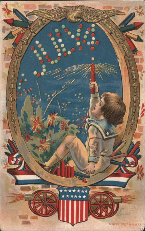 4th of July Child in Sailor Suit with Sparkler, Fireworks Spelling JULY