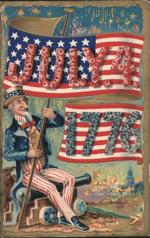 Uncle Sam with American Flag, July 4 1776 in Flowers, Fireworks