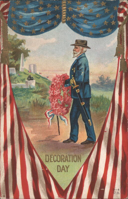 Decoration Day Soldier with Wreath at Cemetery, American Flags