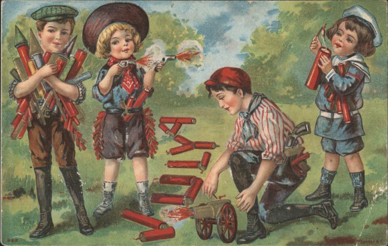 Children Playing with Fireworks, Cowboy Hat, Cannon, Rockets