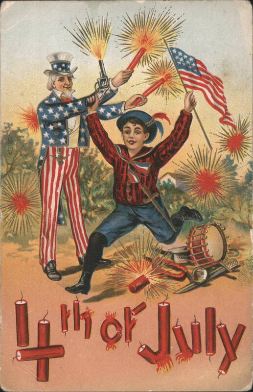 Uncle Sam & Boy Celebrate 4th of July with Fireworks & Flag
