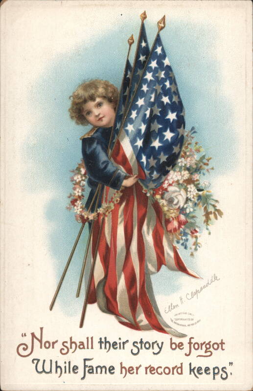 Child with American Flags & Flowers, Nor shall their story be forgot