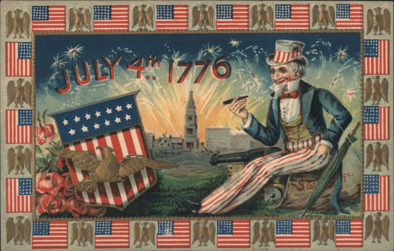 Uncle Sam Celebrating July 4th 1776 with Fireworks and Flag