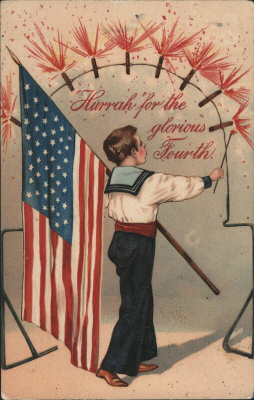 Boy in Sailor Suit with American Flag and Fireworks, 4th of July