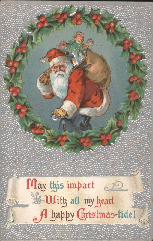 Santa Claus with Doll in Sack, Holly Wreath, Christmas Greeting