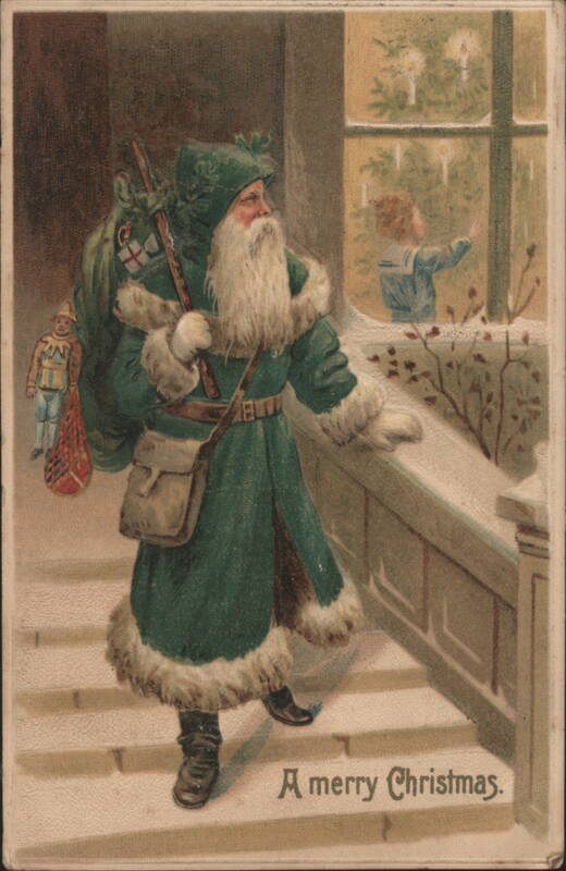 Santa Claus in Green Coat on Snowy Steps, Child in Window, Christmas
