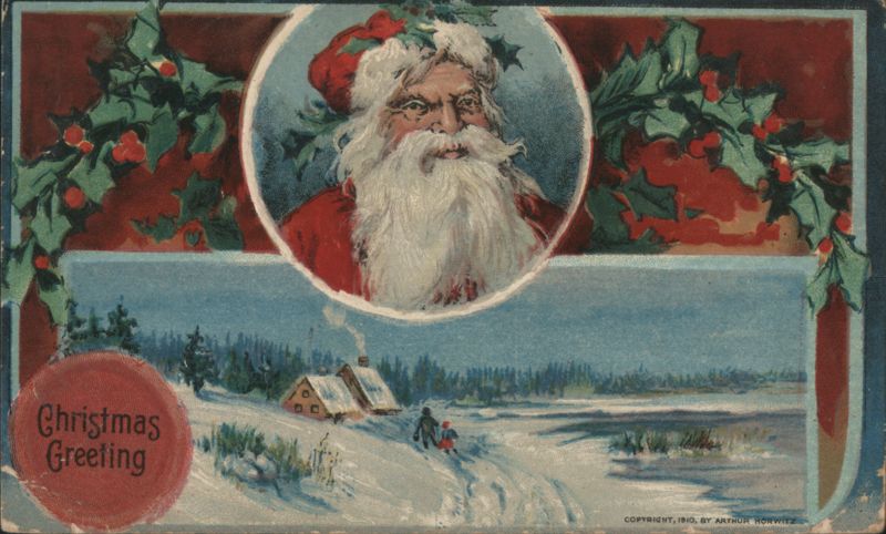 Santa Claus in Holly Wreath, Snowy Winter Scene with Cottages