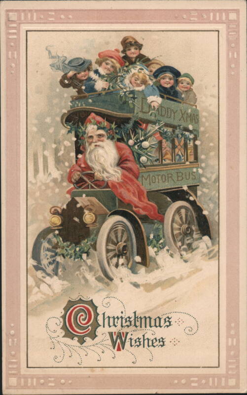 Santa Claus & Children on Daddy Xmas Motor Bus, Christmas Wishes