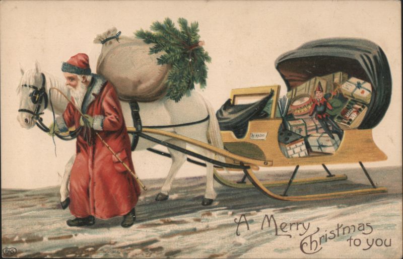 Santa Claus with White Horse and Sleigh Delivering Christmas Gifts