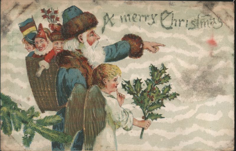 Santa Claus with Children and Angel Pointing, Merry Christmas