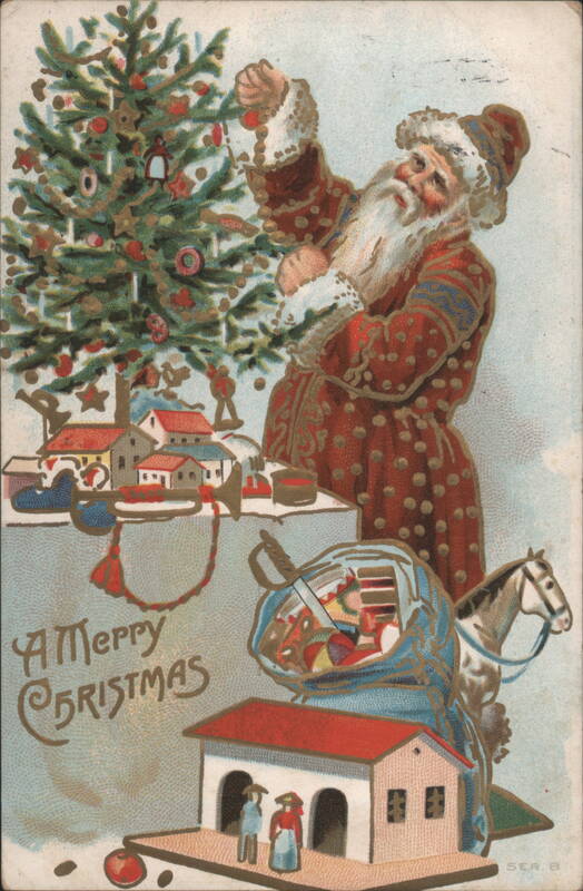 A Merry Christmas Santa Claus Decorating Tree with Toys