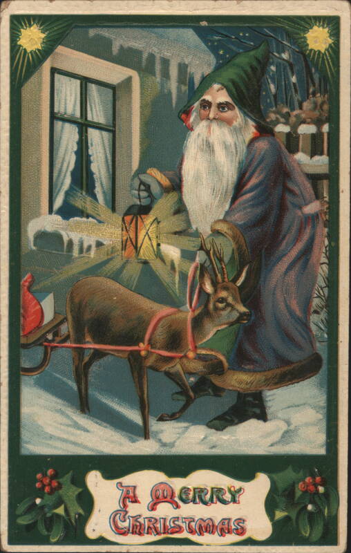 Santa Claus with Deer and Sleigh in Snowy Landscape, A Merry Christmas