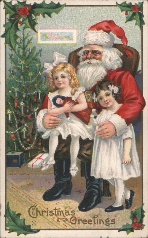 Santa Claus with Two Girls, Christmas Tree, Christmas Greetings