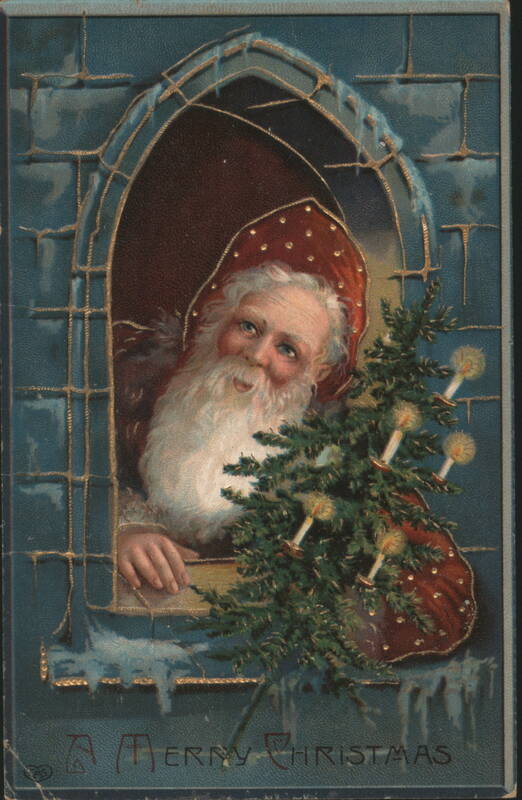 Merry Christmas Santa Claus in Arched Window with Tree