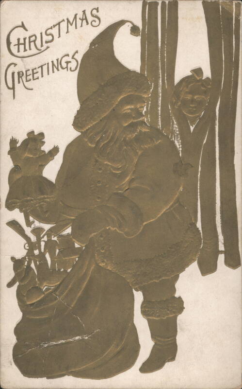 Embossed Santa Claus with Toy Sack and Child, Christmas Greetings