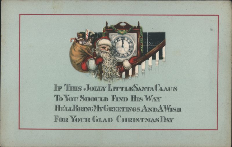 Jolly Santa Claus with Sack of Toys and Grandfather Clock Christmas Greeting