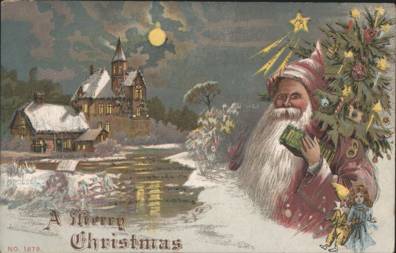 Santa Claus with Christmas Tree, Snowy House, and Full Moon