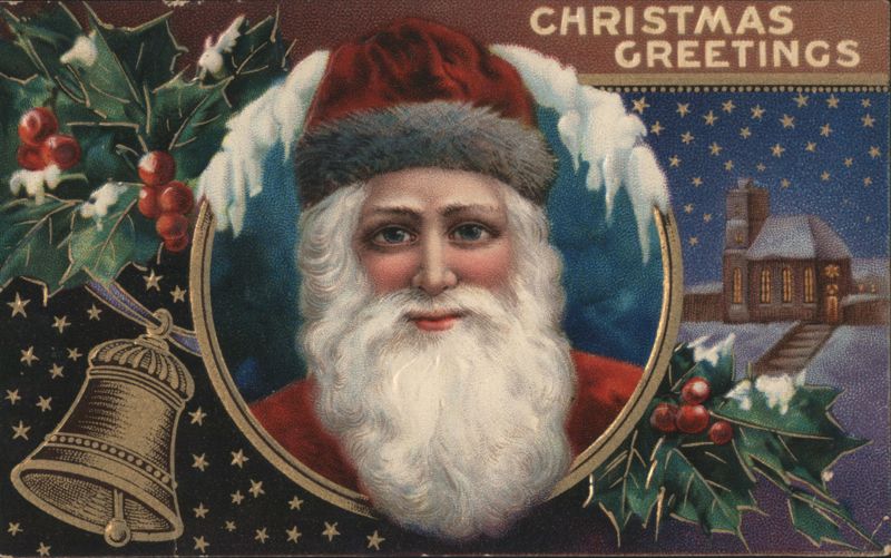 Santa Claus Portrait, Holly, Bell, Snowy Church, Christmas Greetings