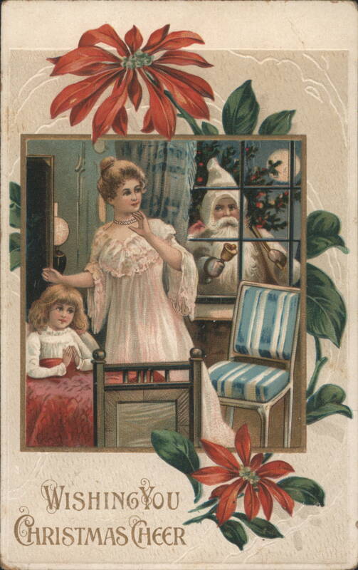 Woman & Child See Santa Claus Through Window, Poinsettias, Christmas Cheer