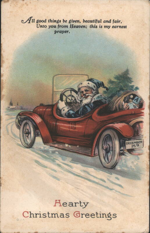Santa Claus Driving Red Car in Snow with Gifts, Hearty Christmas Greetings