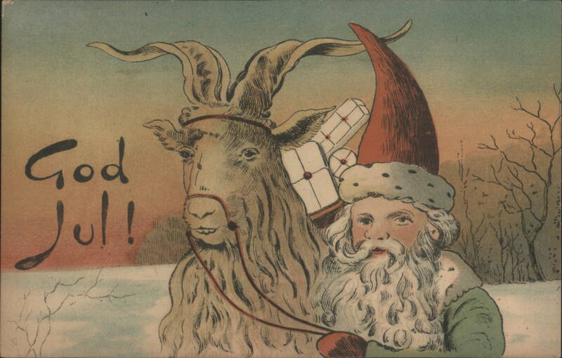 God Jul! Gnome with Goat and Gifts, Scandinavian Christmas Sweden